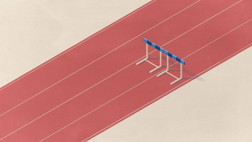Two hurdles are shown on a red running track with four lanes. The hurdles represent the barriers to equality.