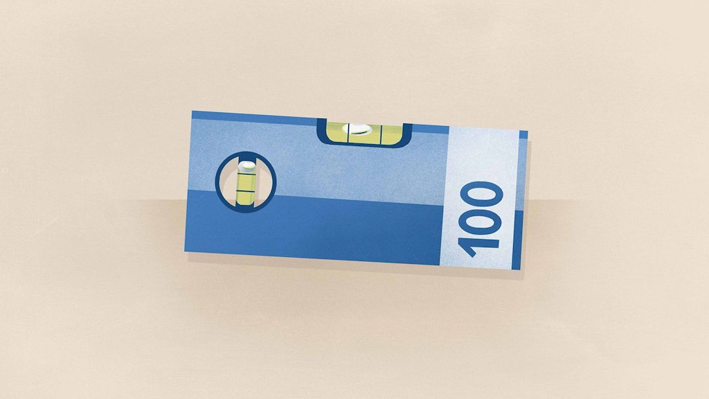Una livella leggermente obliqua che ha l’aspetto di una banconota da cento franchi rappresenta la disparità salariale tra donne e uomini.