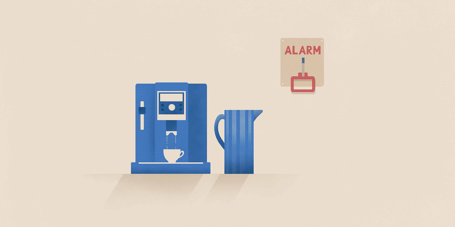 In einem Pausenraum, dargestellt durch eine Kaffeemaschine und einen Teekocher, hängteine Notbremse. Diese zeigt auf, dass Arbeitgebende verpflichtet sind, ihren MitarbeitendenSchutz vor Belästigung zu bieten.