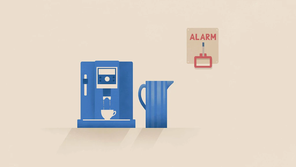 In einem Pausenraum, dargestellt durch eine Kaffeemaschine und einen Teekocher, hängteine Notbremse. Diese zeigt auf, dass Arbeitgebende verpflichtet sind, ihren MitarbeitendenSchutz vor Belästigung zu bieten.