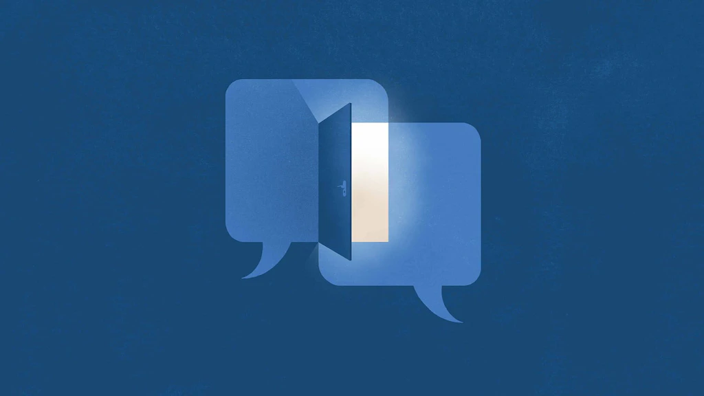 Beratungsstellen bei Gewalt gegen Frauen und häuslicher Gewalt sind durch zwei Sprechblasen visualisiert. Dort, wo sie sich überschneiden, öffnet sich eine Tür.