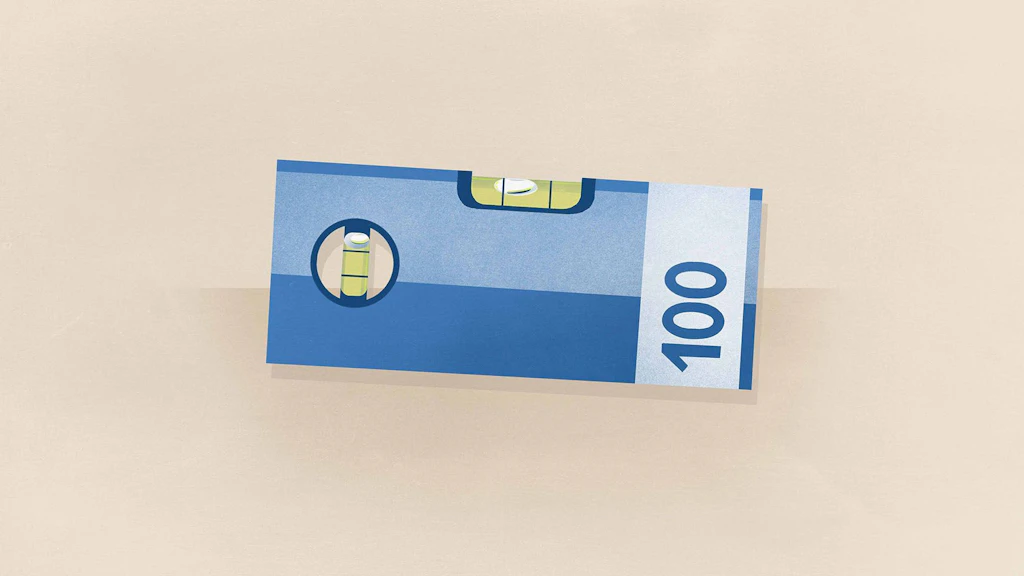 Eine leicht schräg gestellte Wasserwaage, die als Hundertfrankennote dargestellt wird, steht für die ungleichen Löhne von Frauen und Männern.