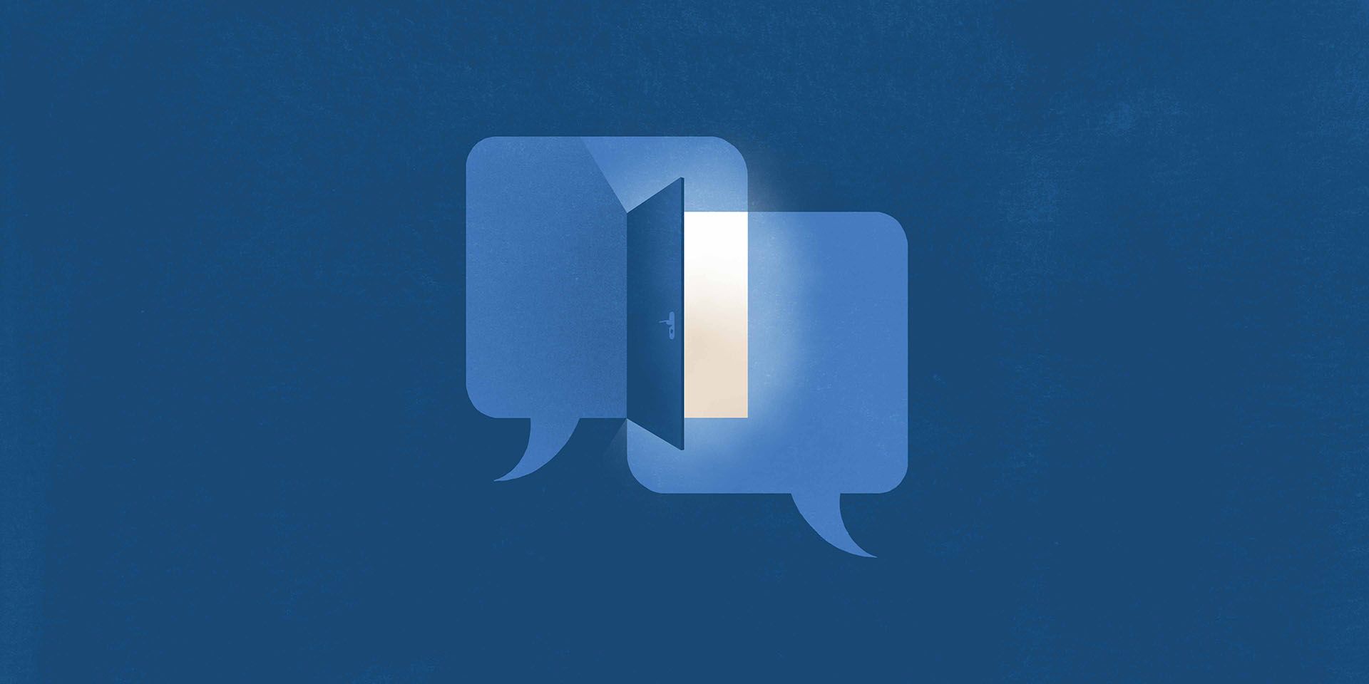 Support services for violence against women and domestic violence are visualised by two speech bubbles. A door is opening where they overlap.