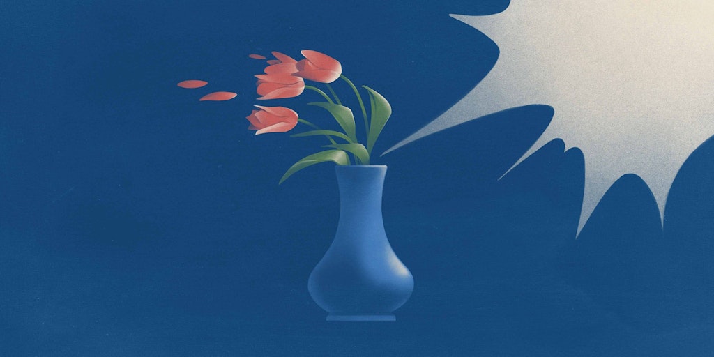 Symbolising violence against women, tulips in a vase are blown to the side by a violent blast of air.