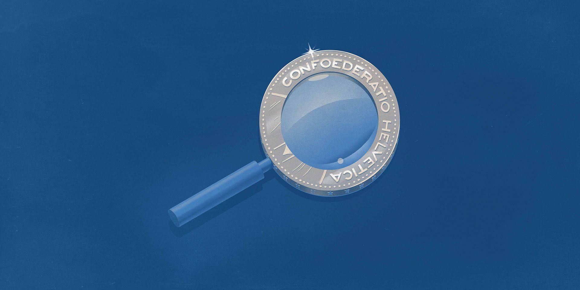 A magnifying glass reminiscent of a five-franc piece as a means of taking a closer look at wages within enterprises.
