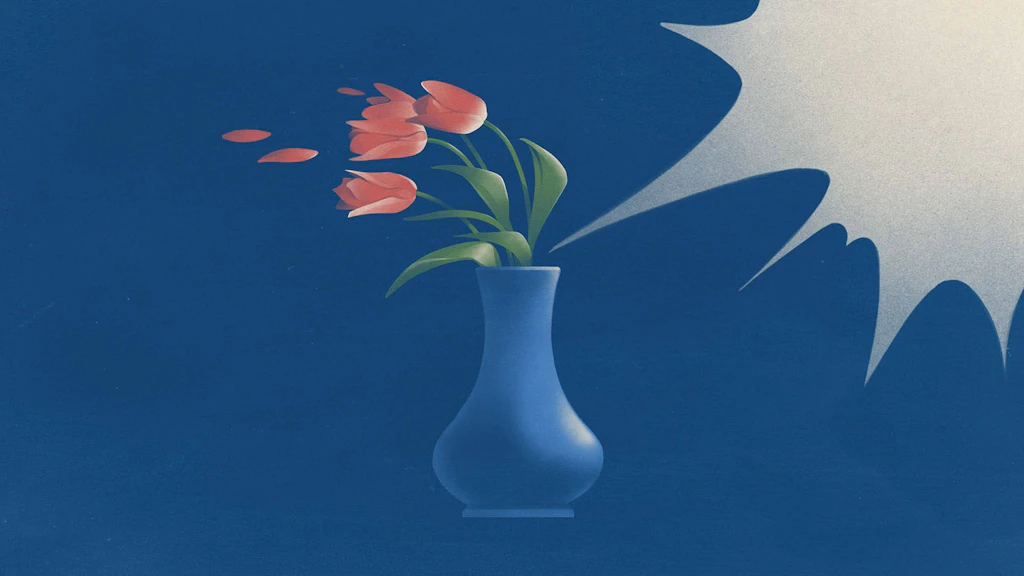 Pour symboliser la violence à l’égard des femmes, un souffle violent projette sur le côté destulipes dans un vase.