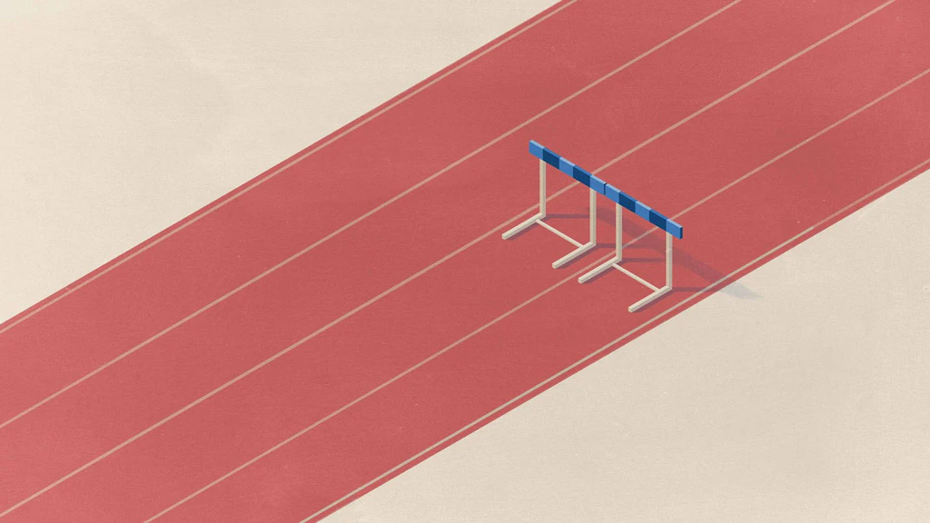 In una pista rossa a quattro corsie ci sono due ostacoli. Questi ostacoli rappresentano le difficoltà nel raggiungere la parità tra i sessi.